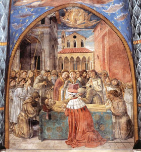 Sterven en hemelvaart van Franciscus (fresco van Benozzo Gozzoli)