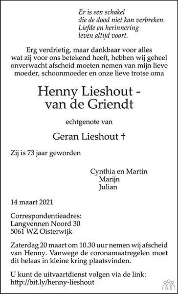 Rouwadvertentie Henny Lieshout - van de Griendt