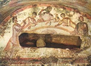 Voorstelling van een agapefeest in de catacomben van de H. Marcellinus en Peter, Rome